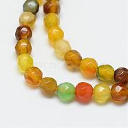 Natural Agate Bead Strands, Dyed, Faceted, Round, Goldenrod, 4mm, Hole: 1mm, about 87~90pcs/strand, 13.8~14.6 inch(G-R344-4mm-43)