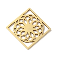 Vacuum Plating 201 Stainless Steel Pendants, Laser Cut, Rhombus with Flower Charm, Real 18K Gold Plated, 25x25.5x1mm, Hole: 3x5mm(STAS-E217-31G)