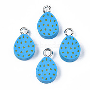 Handmade Polymer Clay Charms, with Platinum Tone Iron Loop, Easter Egg, Dodger Blue, 14x9x4mm, Hole: 2mm(CLAY-S096-015)