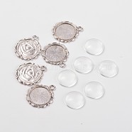 Flower Alloy Pendant Cabochon Settings and Half Round/Dome Clear Glass Cabochons, Lead Free & Nickel Free, Antique Silver, Settings: Tray: 14mm, 23x18mm, Hole: 3mm, Glass Cabochons: 14x4.2mm(DIY-X0221-AS-FF)