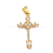 Brass Micro Pave Clear Cubic Zirconia Pendants, Cross, Real 18K Gold Plated, 29.5x17x3.5mm, Hole: 4x3mm(ZIRC-A021-20G)