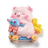 Pig Theme Opaque Resin Cabochons, Funny Pig with Roller, Pink, 24.5x23.5x8.5mm(RESI-H154-01B)