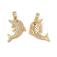 Brass Micro Pave Cubic Zirconia Pendant, with Glass, Real 18K Gold Plated, Dolphin Charm, Clear, 21x15x3mm, Hole: 4.5x2.5mm(KK-E068-VC053)