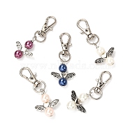 Baking Painted Pearlized Glass Pearl Pendants, with Alloy Heart Beads & Swivel Lobster Claw Clasps, Iron Pins & Bead Caps, Angel, Mixed Color, 58mm, Pendant: 28x23.5x8mm(HJEW-JM00537)