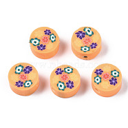 Handmade Polymer Clay Beads, for DIY Jewelry Crafts Supplies, Flat Round with Flower, Sandy Brown, 9.5~10x4.5mm, Hole: 1.8mm(CLAY-N008-039H)