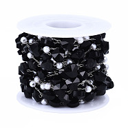 Glass Heart & ABS Plastic Pearl Beaded Chains, with Stainless Steel Color Plated 316 Stainless Steel Paperclip Chains, Soldered, Faceted, with Spool, Black, 8x8x6mm, about 16.40 Feet(5m)/Roll(CHS-N003-06C)