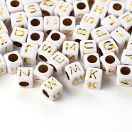 156Pcs 26 Style White Plating Acrylic Letters Beads, Metal Enlaced, Cube with Golden Letter, 5.5~6x5.5~6x5.5~6mm, Hole: 3.5mm, 6pcs/Letter(SACR-YW0001-02)