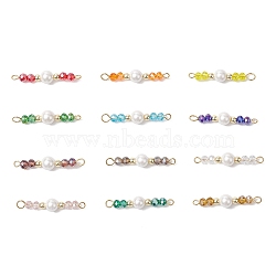 12Pcs 12 Colors Glass & Shell Pearl Round Connector Charms, Golden, Mixed Color, 33x7x7mm, Hole: 2mm and 3.5x3mm, 1pc/color(PALLOY-JF02902)