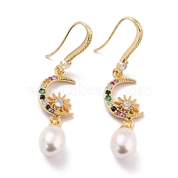 Moon & Sun Sparkling Cubic Zirconia Dangle Earrings for Her, Real 18K Gold Plated Brass Earrings with Acrylic Pearl Beads, Colorful, 49.5mm, Pin: 0.8mm(ZIRC-C025-27G)