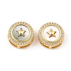 Brass Micro Pave Clear Cubic Zirconia Slide Charms, with Shell, Long-Lasting Plated, Lead Free & Cadmium Free, Real 18K Gold Plated, Flat Round, Star, 13x6mm, Hole: 5x2mm(KK-K342-09G-06)
