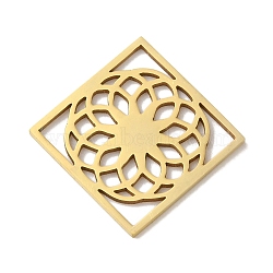 PVD Vacuum Plating 201 Stainless Steel Pendants, Laser Cut, Rhombus with Flower Charm, Real 18K Gold Plated, 25x25.5x1mm, Hole: 3x5mm(STAS-E217-31G)