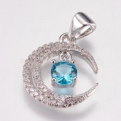 Brass Micro Pave Cubic Zirconia Pendants, Moon, Deep Sky Blue, Platinum, 16.5x14.5x3mm, Hole: 3x4mm(ZIRC-E147-57P)