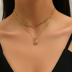 Elegant Stainless Steel Crystal Rhinestone Swan Penant Double Layer Necklaces for Women, Real 18K Gold Plated, 16.14 inch(41cm)(QF7549)