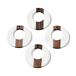 Opaque Resin & Walnut Wood Pendants, Two Tone, Donut, White, 35x3mm, Hole: 2mm(X-RESI-T035-23)