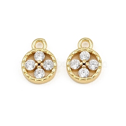 Brass Micro Pave Clear Cubic Zirconia Charms, Flat Round with Clover Charms, Rack Plating, Long-Lasting Plated, Cadmium Free & Lead Free, Real 18K Gold Plated, 9x6.5x2mm, Hole: 1.2mm(CU-CBAD306-04G)