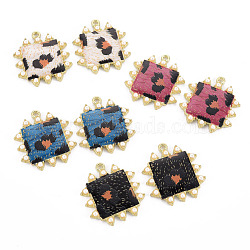 Rack Plating Printed Alloy Pendants, with Enamel and ABS Plastic Imitation Pearl, Cadmium Free & Nickel Free & Lead Free, Square with Leopard Print, Light Gold, Mixed Color, 33x29.5x4mm, Hole: 2mm(ENAM-Q445-006-NR)
