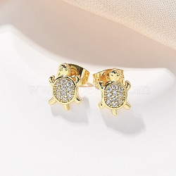 Brass Micro Pave Clear Cubic Zirconia Stud Earrings, Turtle, Real 18K Gold Plated, 7x9.5mm(EJEW-M076-03G)