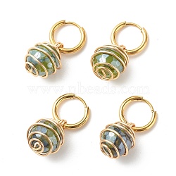 Round Natural Agate Beads Dangle Huggie Hoop Earrings, Spiral Wire Wrap Stone Beads Drop Earrings for Women, Golden, Dark Olive Green, 30mm, Pin: 1mm(EJEW-JE04718-03)