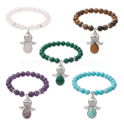 Natural & Synthetic Mixed Gemstone Stretch Bracelets with Angel Charms, Inner Diameter: 2-1/4 inch(5.6cm)(BJEW-JB11046)