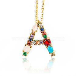 Golden Brass Micro Pave Cubic Zirconia Initial Pendants Necklaces, with Cable Chains, Colorful, Letter, Letter.A, 17.9~18.1 inch(45.5~46cm)x1.5mm, LetterA: 20.5x18.5x6mm(NJEW-S069-JN002-A)