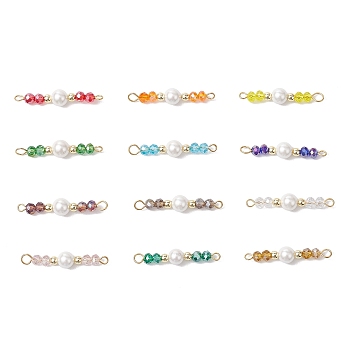 12Pcs 12 Colors Glass & Shell Pearl Round Connector Charms, Golden, Mixed Color, 33x7x7mm, Hole: 2mm and 3.5x3mm, 1pc/color