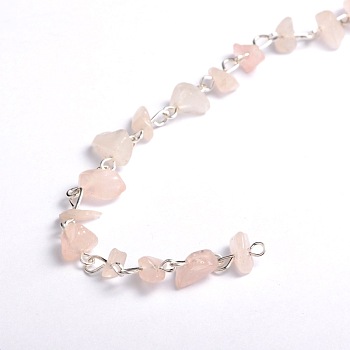 Handmade Natural Rose Quartz Chips Beads Chains for Necklaces Bracelets Making, with Silver Color Plated Iron Eye Pin, Unwelded, 39.3 inch, Beads: 5~9mm