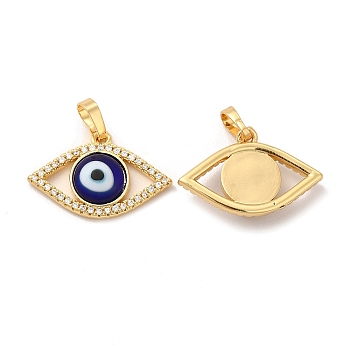 Rack Plating Brass Micro Pave Clear Cubic Zirconia Pendants, with Handmade Evil Eye Lampwork, Cadmium Free & Lead Free, Long-Lasting Real 18K Gold Plated, Eye Charm, Blue, 15.5x23x4mm, Hole: 6x3mm