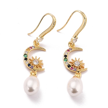 Moon & Sun Sparkling Cubic Zirconia Dangle Earrings for Her, Real 18K Gold Plated Brass Earrings with Acrylic Pearl Beads, Colorful, 49.5mm, Pin: 0.8mm