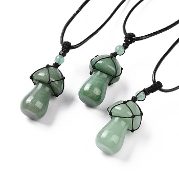 Natural Green Aventurine Mushroom Pendant Necklace, Wax Rope Macrame Pouch Braided Necklace for Women, 29.92 inch(76cm)