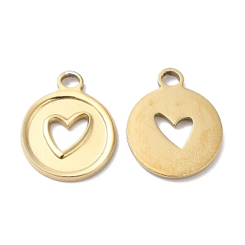 Ion Plating(IP) 316L Surgical Stainless Steel Pendants, Flat Round with Heart Charm, Real 18K Gold Plated, 20x16.5x2mm, Hole: 3x2.3mm