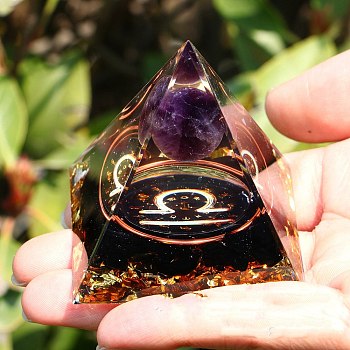 Orgonite Pyramid Resin Energy Generators, Reiki Natural Amethyst & Obsidian Chips Inside for Home Office Desk Decoration, Libra, 50x50x50mm