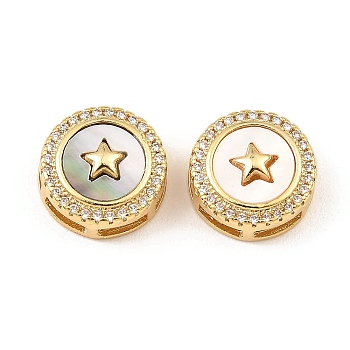 Brass Micro Pave Clear Cubic Zirconia Slide Charms, with Shell, Long-Lasting Plated, Lead Free & Cadmium Free, Real 18K Gold Plated, Flat Round, Star, 13x6mm, Hole: 5x2mm