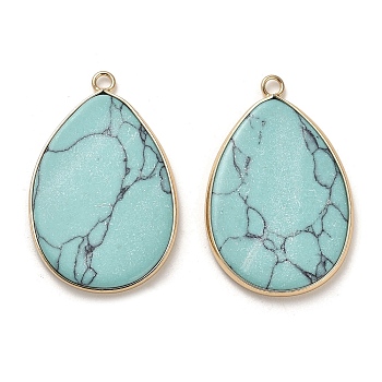 Dyed Synthetic Turquoise Pendants, Brass Teardrop Charms, Golden, 39x25x2.8mm, Hole: 2.2mm