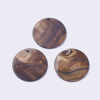 Shell Pendants, Dyed, Flat Round, Saddle Brown, 30x2mm, Hole: 1.4mm