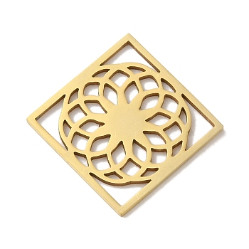 Vacuum Plating 201 Stainless Steel Pendants, Laser Cut, Rhombus with Flower Charm, Real 18K Gold Plated, 25x25.5x1mm, Hole: 3x5mm