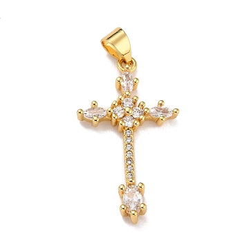 Brass Micro Pave Clear Cubic Zirconia Pendants, Cross, Real 18K Gold Plated, 29.5x17x3.5mm, Hole: 4x3mm