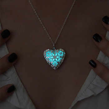 Luminous Glow In The Dark Alloy Heart Pendant Necklace, Turquoise, 19.69 inch(50cm)