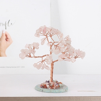 Natural Rose Quartz Tree of Life Feng Shui Ornaments, with Agate Slice Base, Home Display Decorations, 110x110mm