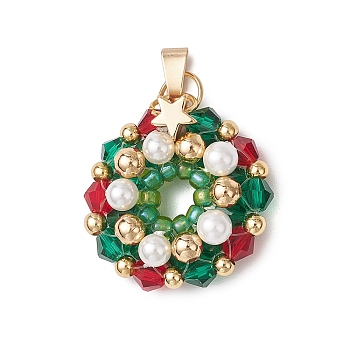 Glass Pendants, Christmas Wreath, with Shell Pearl & Brass Round Beads and 304 Stainless Steel Loop, Faceted, Colorful, 28x23.5x7mm, Hole: 6x3mm
