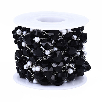 Glass Heart & ABS Plastic Pearl Beaded Chains, with Stainless Steel Color Plated 316 Stainless Steel Paperclip Chains, Soldered, Faceted, with Spool, Black, 8x8x6mm, about 16.40 Feet(5m)/Roll