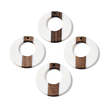 Opaque Resin & Walnut Wood Pendants, Two Tone, Donut, White, 35x3mm, Hole: 2mm