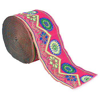 Embroidery Polyester Ribbons, Jacquard Ribbon, Garment Accessories, Floral Pattern, Hot Pink, 2 inch(50mm), 7m/roll