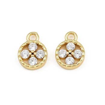 Brass Micro Pave Clear Cubic Zirconia Charms, Flat Round with Clover Charms, Rack Plating, Long-Lasting Plated, Cadmium Free & Lead Free, Real 18K Gold Plated, 9x6.5x2mm, Hole: 1.2mm