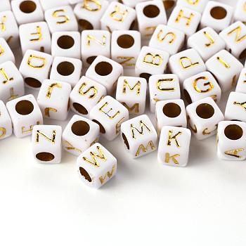 156Pcs 26 Style White Plating Acrylic Letters Beads, Metal Enlaced, Cube with Golden Letter, 5.5~6x5.5~6x5.5~6mm, Hole: 3.5mm, 6pcs/Letter