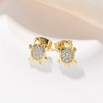 Brass Micro Pave Clear Cubic Zirconia Stud Earrings, Turtle, Real 18K Gold Plated, 7x9.5mm