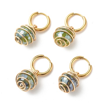Round Natural Agate Beads Dangle Huggie Hoop Earrings, Spiral Wire Wrap Stone Beads Drop Earrings for Women, Golden, Dark Olive Green, 30mm, Pin: 1mm