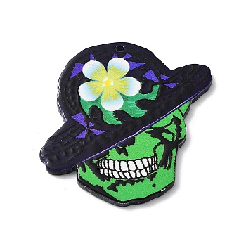 Acrylic Pendant, Skull with Flower Hat, Lime Green, 46.5x46.5x2mm, Hole: 1.6mm