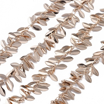 Handmade Brass Chains, Soldered, with Leaf Charms, Real 18K Gold Plated, 9x3.7x1.2mm