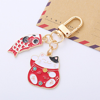 Alloy Enamel Pendant Keychain, with Alloy Swivel Clasps, Koi Fish with Fortune Cat, Red, 6.5cm
