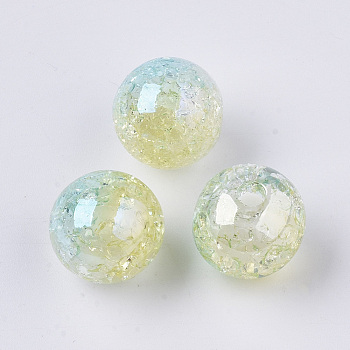UV Plating Transparent Crackle Acrylic Beads, Half Drilled, Two Tone, Rainbow, Bead in Bead, Round, Sky Blue, 15.5x15mm, Hole: 3.5mm
